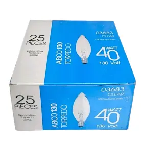 Abco 03683 Clear Torpedo Light Bulb 40w 130v Surge Resistant Candelbra - 25 Box