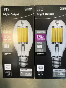 Feit H39kp-175/led/hdrp 2 Pack Commercial Bright Output Hid Bulbs 6000 Lm H39kb Replace Merc. Vapor
