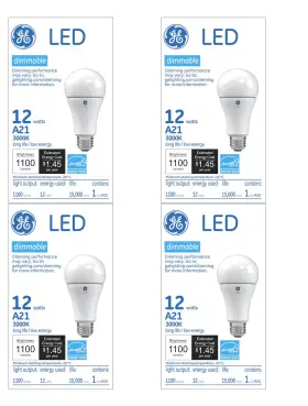 76041 Ge Lighting 4 Bulbs Led A21 12 Watt 1100 Lumen 3000k Dimmable Medium Screw Base