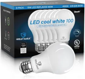 6a191440da  Great Eagle Lighting Corporation 100w Equivalent Led A19 Bulb 1500 Lumens 4000k Cool White Dimmable 6 Pack
