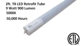 B6004 Reliance 2pc 2ft Led Tube Light Bulb G13 T8 24 Inch 9w 900 Lumen 5000k