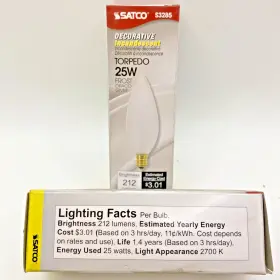 S3285 Satco 25w B9.5 120v Candelabra Base Light Bulb Frosted 212 Lum Lot Of 2