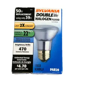 39par20 Sylvania 39par20/hal/fl/30/dl Double Life Halogen 50w Flood Bulb - Par 20/120v 30 Usa Medium