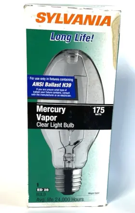 H39kb175 Sylvania H39kb175/rp Mercury Vapor Large Clear 175 Watt Long Life Bulb Ansi Ballast H39 Ed28