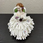 Muller Volkstedt Dresden Lace Porcelain Figurine Seated Lady Chair Fan V20036 Ge. Fixed Price $59.95.