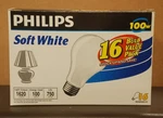 Philips Soft White 100W A19 Medium Base Bulbs, 16 Pack, Dimmable, New. Fixed Price $50.00.