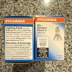Sylvania 60W Halogen Flood 600 Lumens Light Bulb 60PAR16/HAL/NFL30. Fixed Price $8.99.